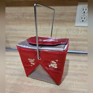 Yans NY Chinese Take Out Box Purple Pink Flowers Brocade Purse Hand Bag